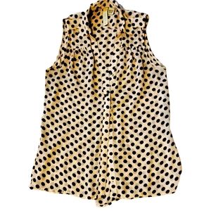 Dizzy Love womens  sleeveless blouse. Tan with Black poka dots.